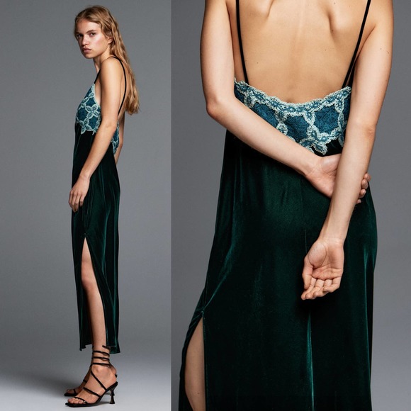 ZARA VELVET + CROCHET MAXI DRESS DARK GREEN / BLUE - Picture 10 of 12
